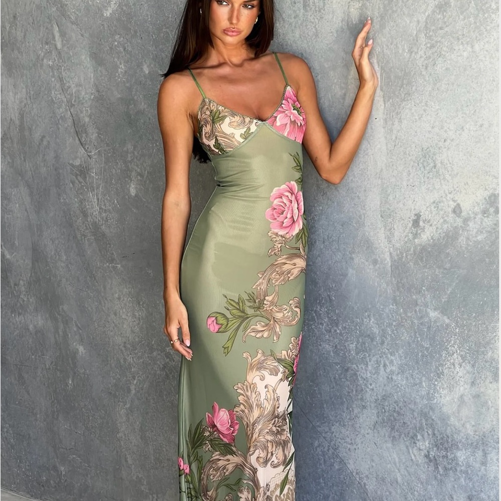 Tiger Mist Julianna Dress Green and Pink Floral Maxi Dress